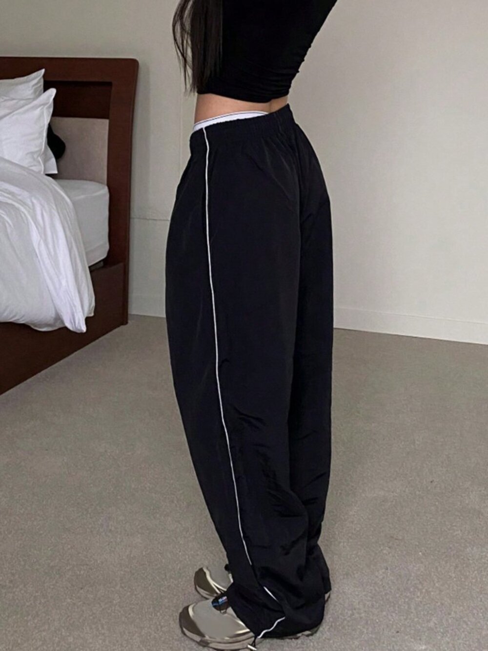 Black Casual Women's Loose Low Waist Baggy Long Pants - Picture 8 of 10